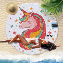 Load image into Gallery viewer, Hand-Painted Cartoon Unicorn Oversized Round Tassel Beach Towel Yoga Mat
