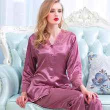 Load image into Gallery viewer, Spring and summer long sleeve suit imitation silk thin sexy lace large women's home wear pajamas
