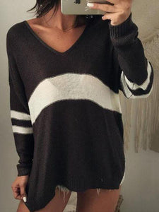 Knit V Neck Long Sleeve Stripe Tops Sweater