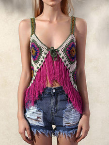 Hand-knitted Knitted Vest Hit Color Hook Flower Tassel Vest Female