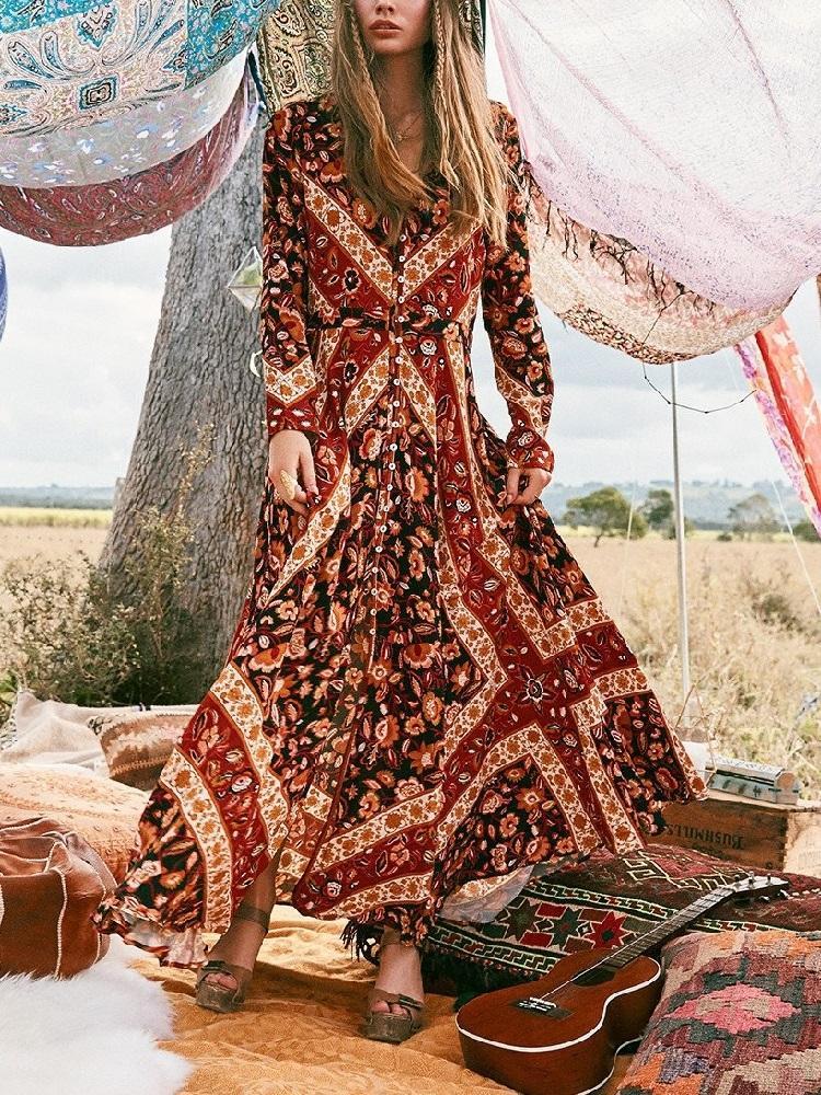 Summer Print Long Sleeve Bohemia Beach Maxi Long Dress