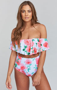 Strapless High Waist Floral Printed Off-the-shoulder Ruffled Swimsuit-3