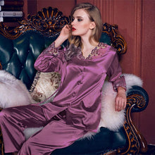 Load image into Gallery viewer, Spring and summer long sleeve suit imitation silk thin sexy lace large women's home wear pajamas
