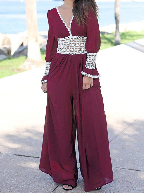 Chiffon Long Sleeves Wide Leg Long Jumpsuits