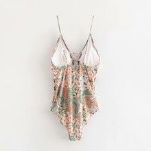 Load image into Gallery viewer, Bohemian V-neck sling cross straps hollow stretch print one-piece swimsuit
