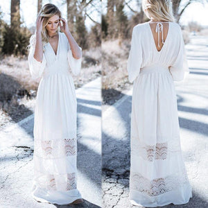 Bohemia V-Neck Stitching Lace Cover-Up Beach Dress