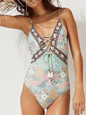 Bohemian V-neck sling cross straps hollow stretch print one-piece swimsuit