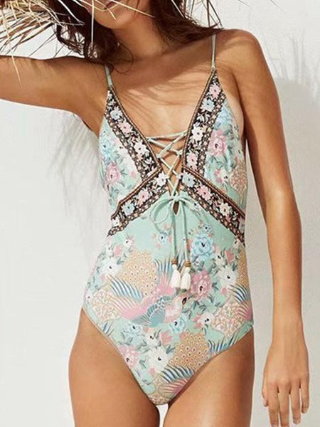 Bohemian V-neck sling cross straps hollow stretch print one-piece swimsuit