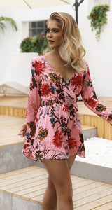 Floral Print V Neck Long Sleeve High Waist Rompers