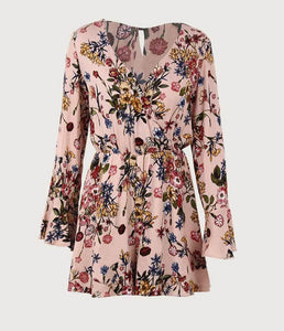 Floral Print V Neck Long Sleeve High Waist Rompers