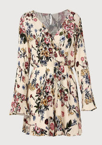 Floral Print V Neck Long Sleeve High Waist Rompers