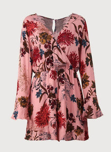 Floral Print V Neck Long Sleeve High Waist Rompers