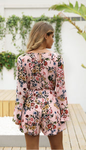 Floral Print V Neck Long Sleeve High Waist Rompers