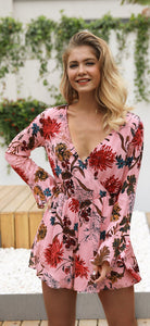 Floral Print V Neck Long Sleeve High Waist Rompers