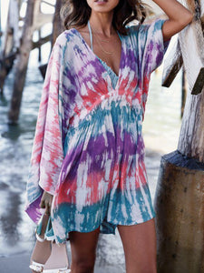 Holiday Skirt Sunscreen Loose Size V-neck Bat Sleeve Bikini Bathing Suit Cotton Printed Beach Skirt Blouse