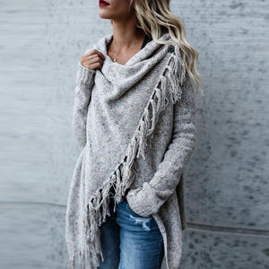 Knit Long Sleeve Tassel Irregular Sweater