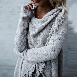 Knit Long Sleeve Tassel Irregular Sweater