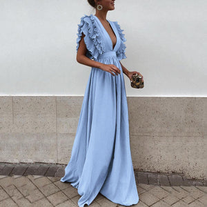 2018 Solid Color Deep V Neck Backless Maxi Dress