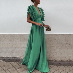 2018 Solid Color Deep V Neck Backless Maxi Dress