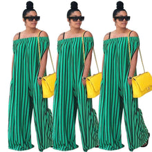 Load image into Gallery viewer, Green Off Shoulder Stripe Wide Leg Pants Jumpsuit
