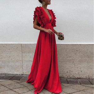 2018 Solid Color Deep V Neck Backless Maxi Dress