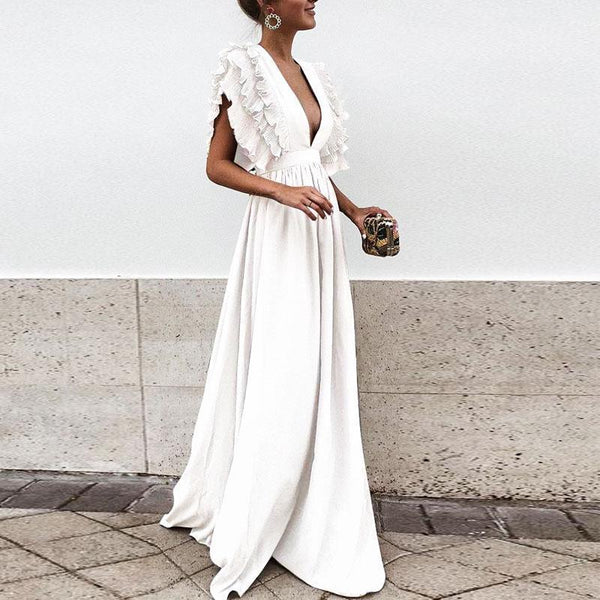 2018 Solid Color Deep V Neck Backless Maxi Dress