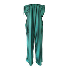 Load image into Gallery viewer, Green Off Shoulder Stripe Wide Leg Pants Jumpsuit
