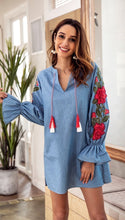 Load image into Gallery viewer, EMBROIDERED V NECK LOOSE MINI DRESS
