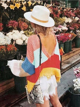 Load image into Gallery viewer, Fashion V-neck Backless Knitting Striped Rainbow Colored Sweater Tops
