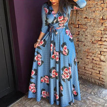 Load image into Gallery viewer, Long Sleeve Floral V Neck Slim Waist Maxi Dress with Belt
