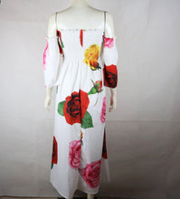 Load image into Gallery viewer, White Rose Floral Strapless Off Shoulder Sleeve Big Hem Long Dress

