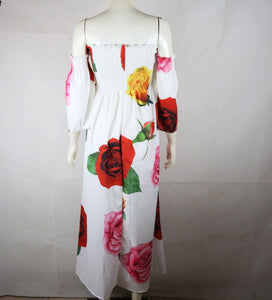 White Rose Floral Strapless Off Shoulder Sleeve Big Hem Long Dress