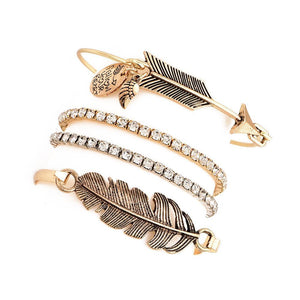 Boho Retro Golden Arrow Leaf Feather Drill Chain Bracelet Set