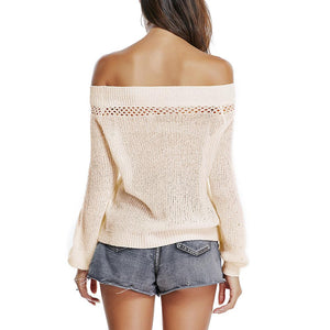 White Off Shoulder Puff Sleeve Autumn Knit Jumper Sweater