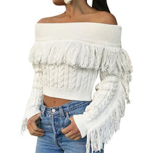 Load image into Gallery viewer, Tassel White Knitted Long Sleeve Sexy Pullover Short Sweater
