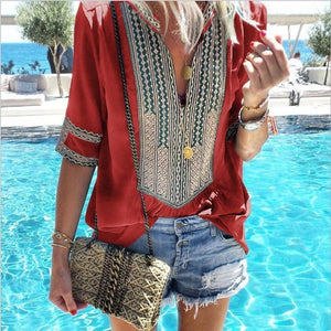 Ethnic Style Plus Size V-Neck Casual T-Shirt