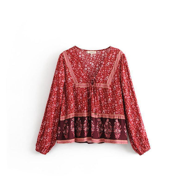 Print V Neck Long Sleeve Boho T Shirt