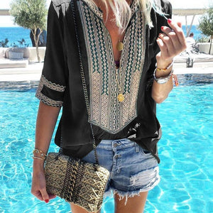Ethnic Style Plus Size V-Neck Casual T-Shirt