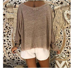 Solid Color Round Neck Long Sleeve T Shirt Blouse