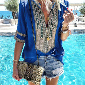 Ethnic Style Plus Size V-Neck Casual T-Shirt