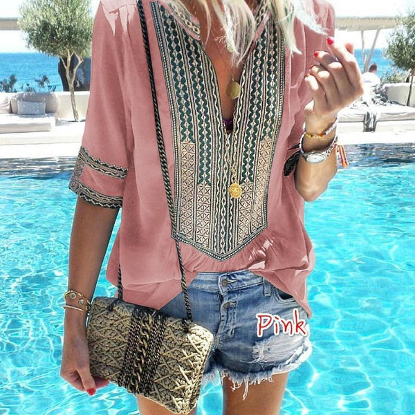 Ethnic Style Plus Size V-Neck Casual T-Shirt