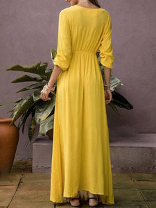 Yellow V Neck Long Sleeve Maxi Dress