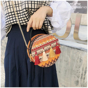 Autumn National Style Contrast Color Tassels One-Shoulder Crossbody Small Round Bag