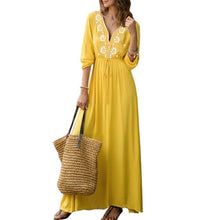 Load image into Gallery viewer, Yellow V Neck Long Sleeve Maxi Dress
