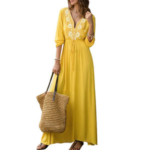 Yellow V Neck Long Sleeve Maxi Dress