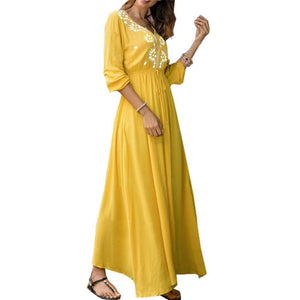 Yellow V Neck Long Sleeve Maxi Dress