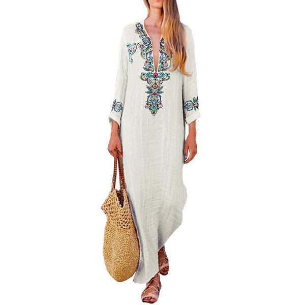 Autumn V Neck Long Sleeve Linen Cotton Maxi Dress