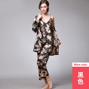 Silk Pajamas Ladies Spring and Summer Dragon Printed Silk Home Dress Three Pack
