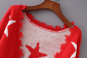 Autumn Long Sleeve Deep V Neck Star Tassels Sweater