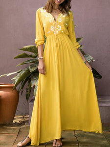 Yellow V Neck Long Sleeve Maxi Dress